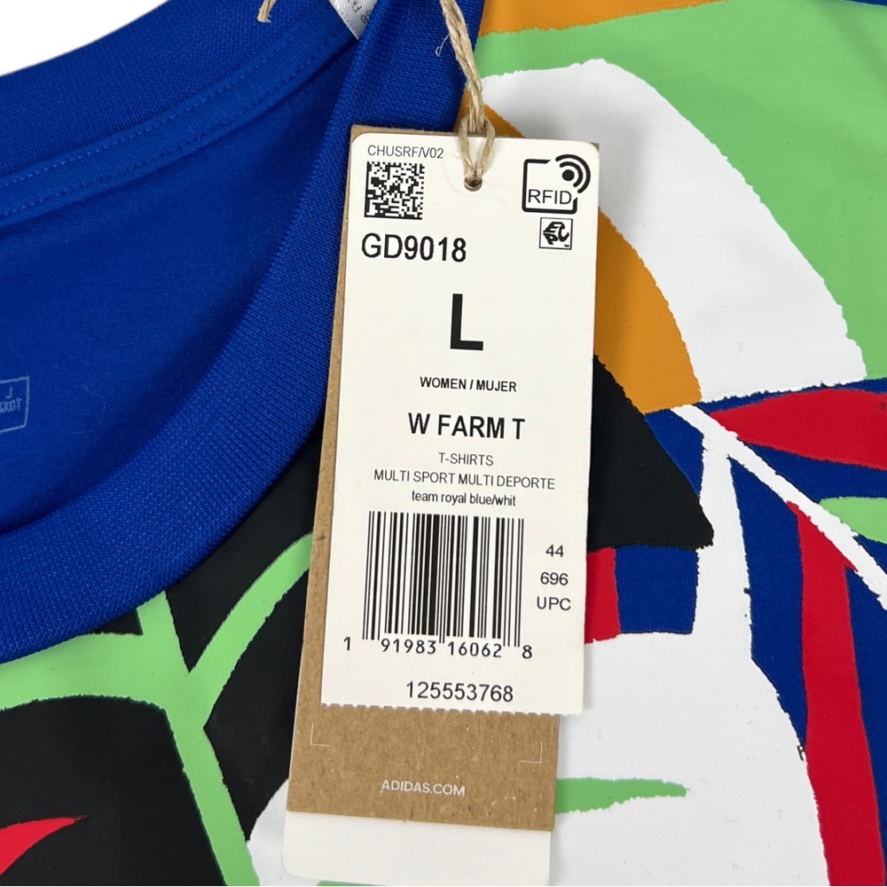 Adidas x Farm Rio Shirt Women Large Blue Tropical Short Sleeve Crop Pullover NWT - Picture 11 of 13